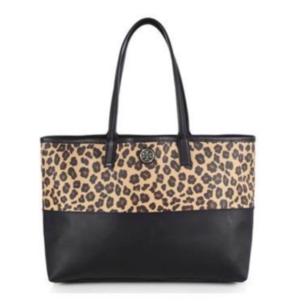 TORY BURCH Tote Leopard Kerrington Bag, Black & Tan, EUC